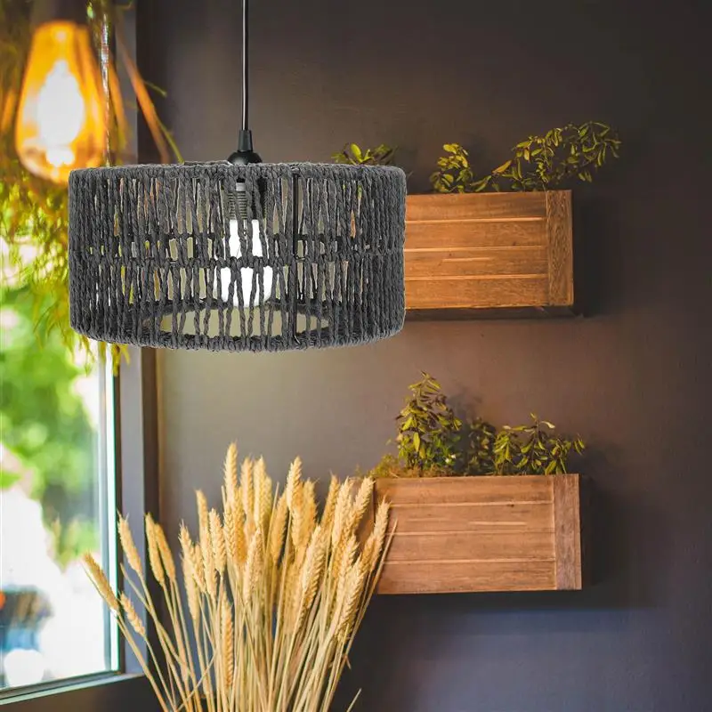 Straw Rope Woven Lampshade Grass Rope Rustic Ceiling Lamp Cover Pendant Lantern Lampshades Retro Style Iron Ceiling Woven Decor