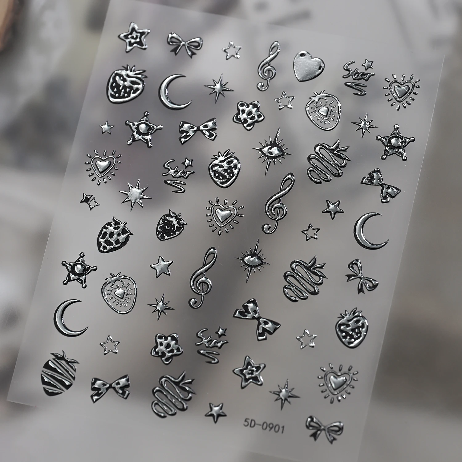 1sheet 5D Embossed Metallic Silver Heart Nail Stickers Punk Melting Clock Love Strawberry Nail Decals Silver-stamped Nail Slider