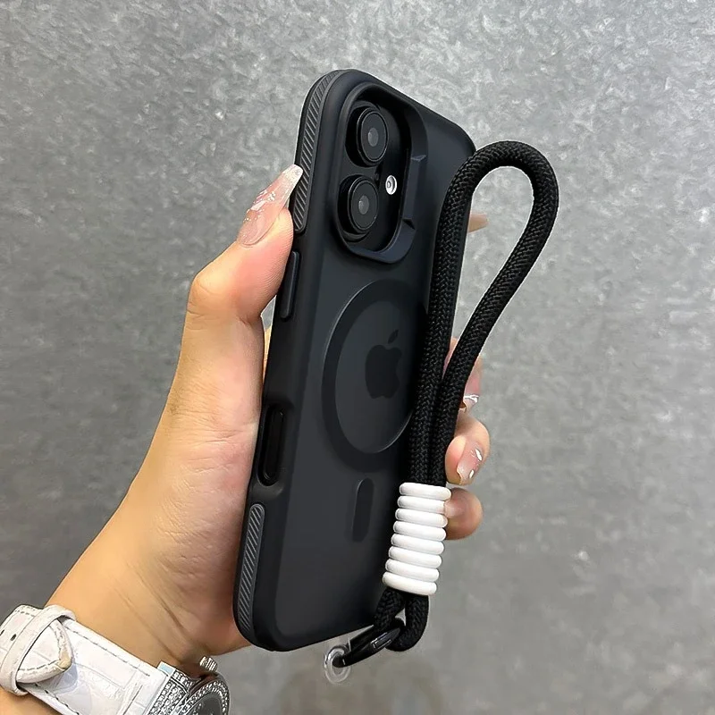 Luxury With Lanyard Magsafe Matte Phone Case For iPhone 11 12 13 14 15 16 17 Pro Max Plus Air Magnetic Bumper Back Cases Cover - náhled 4