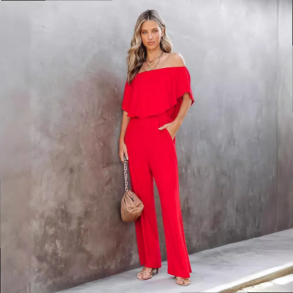 Women's Off Shoulder Jumpsuit Spring Summer Fashion Casual Wide Leg Playsuit Overall