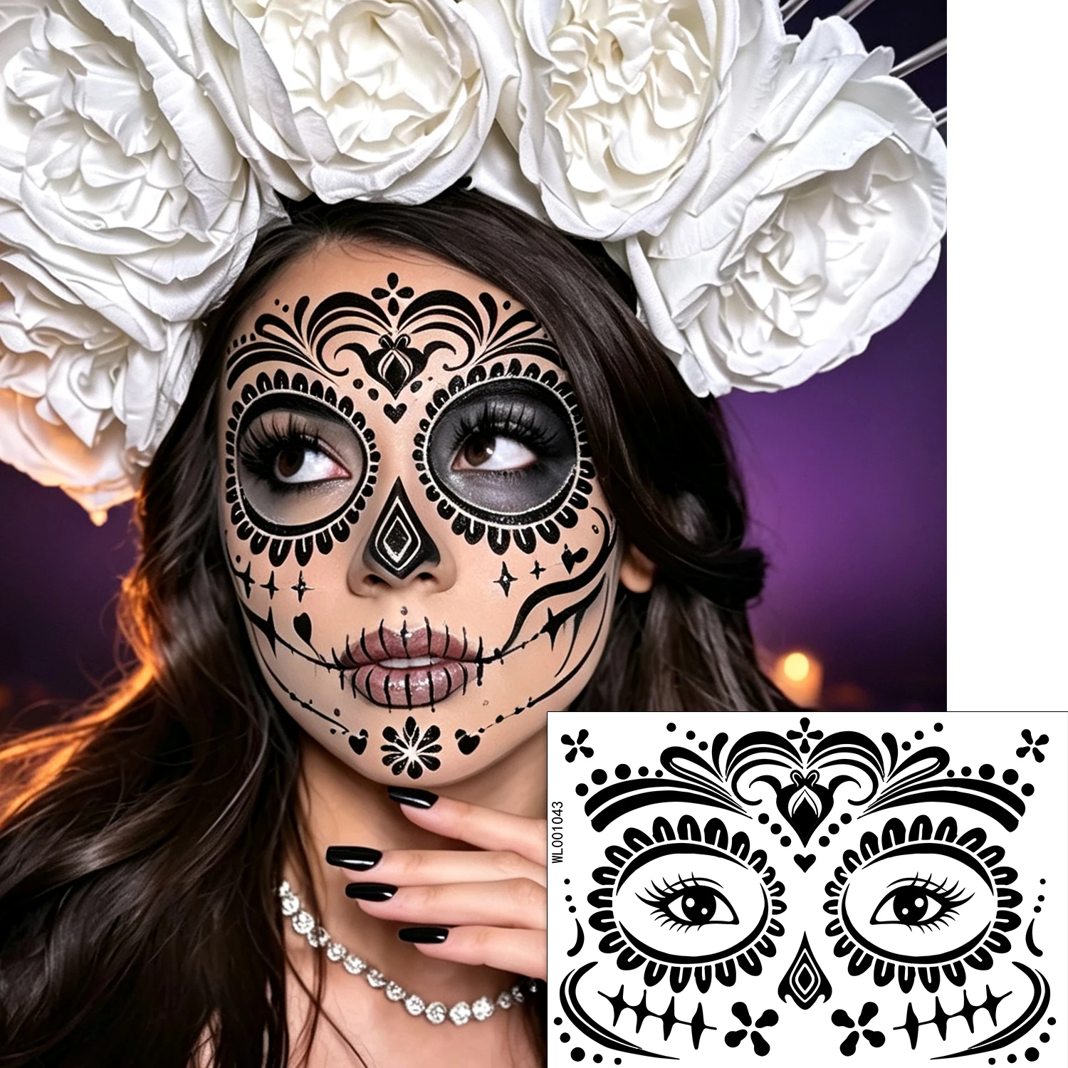 12 Stück gruselige temporäre Halloween-Gesichtstattoos mit schwarzem Muster für den Tag der Toten, Halloween-Make-up – Detail 4