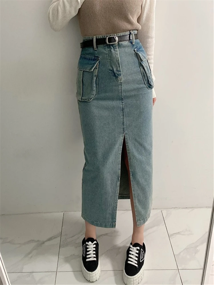 REALEFT Summer Front Split Women's Denim Long Wrap Cargo Skirts 2023 New High Waist Spring Casual Jeans Skirts Pockets Female