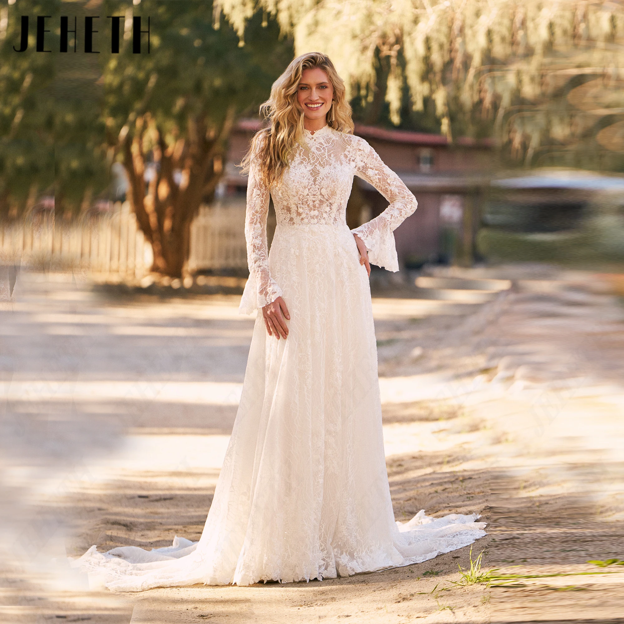 JEHETH Long Flare Sleeves Lace Wedding Dress Sweep Train Personalized A-Line Bride Gown Luxury 2027 Illusion Back Bridal Gowns