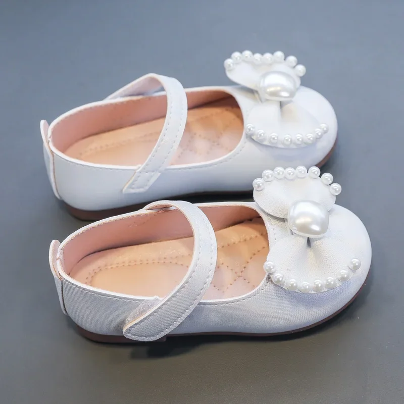 Solid Color Bow Simple Casual Pearl Cute Baby Girl Flats New 2024 Hook & Loop Little Princess Soft Mary Jane Fashion Kids Shoes