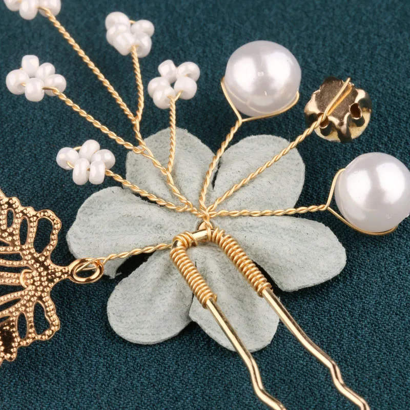3-Pack Vintage Green Flower Hairpins with Pearls & Rhinestones – Elegant Wedding & Hanfu Hair Accessories image 2
