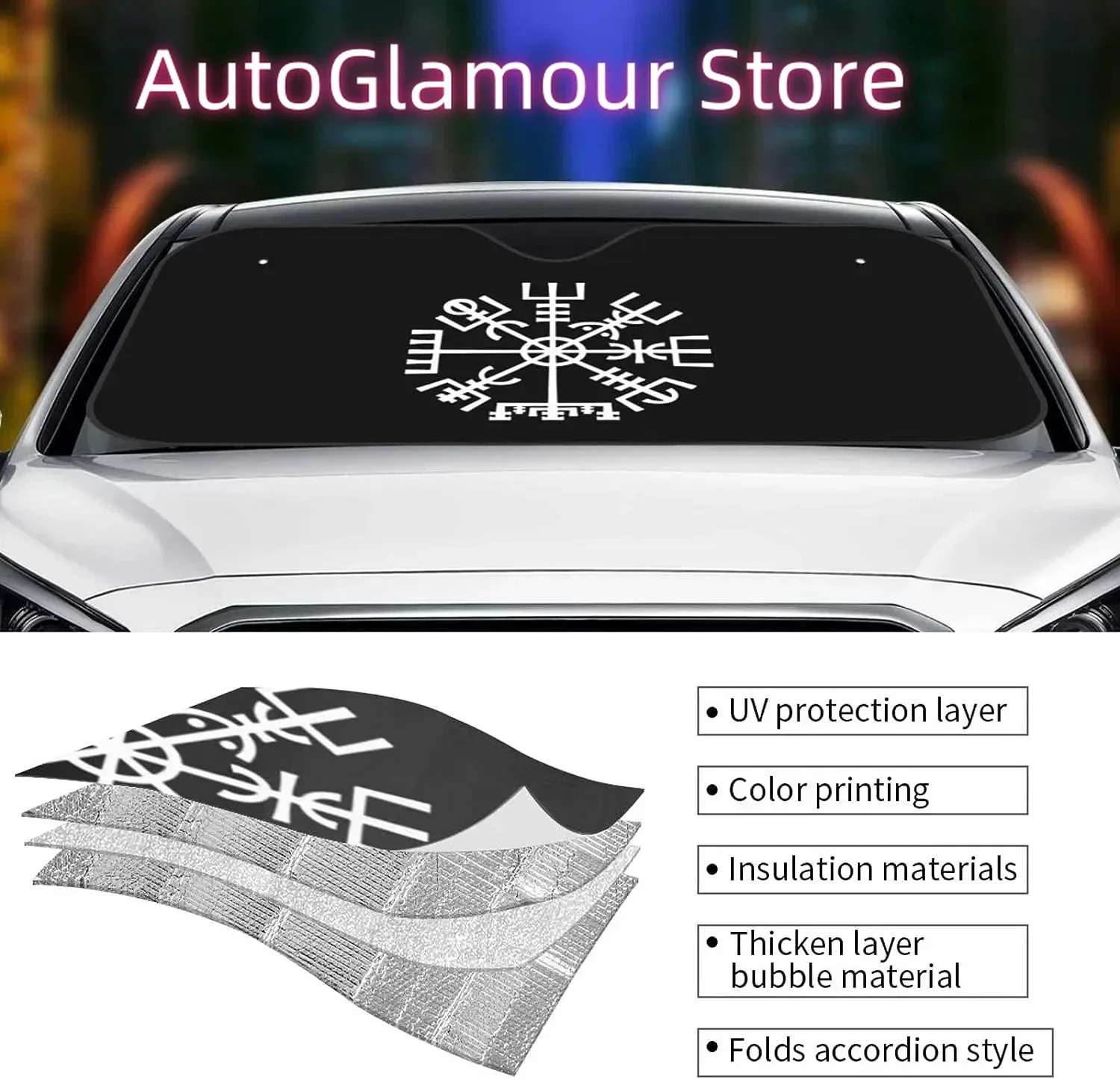 الفايكنج رمز الشمال البوصلة سيارة الشمس الظل نافذة أمامية ظلة لمعظم السيدان SUV شاحنة كتل الأشعة فوق البنفسجية يبقي السيارة باردة #5