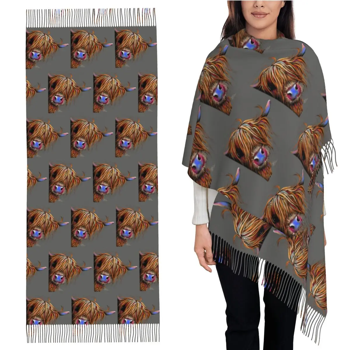 

Highland Cow Print Scottish Scarf Tassel Scarves for Women Soft Warm Shawls and Wraps Large Fall Winter Shawl Wrap