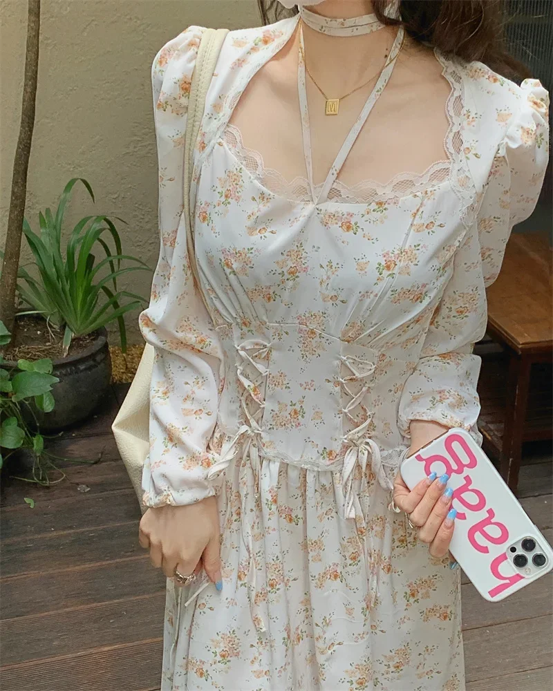 Maxi Dresses for Women Slim Waist A-line Floral Robe Femme Sweet Summer Chic Lace Up Dress Square Collar Long Sleeve Robe Femme