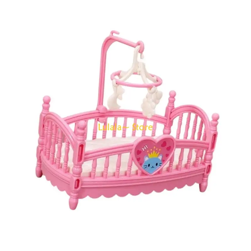 Y4QA Realistic Pink Crib Realistic Pretend Play for Kids Role Toddler Bed Model Toy Single Vintage Crib 1:12 Dollhouses
