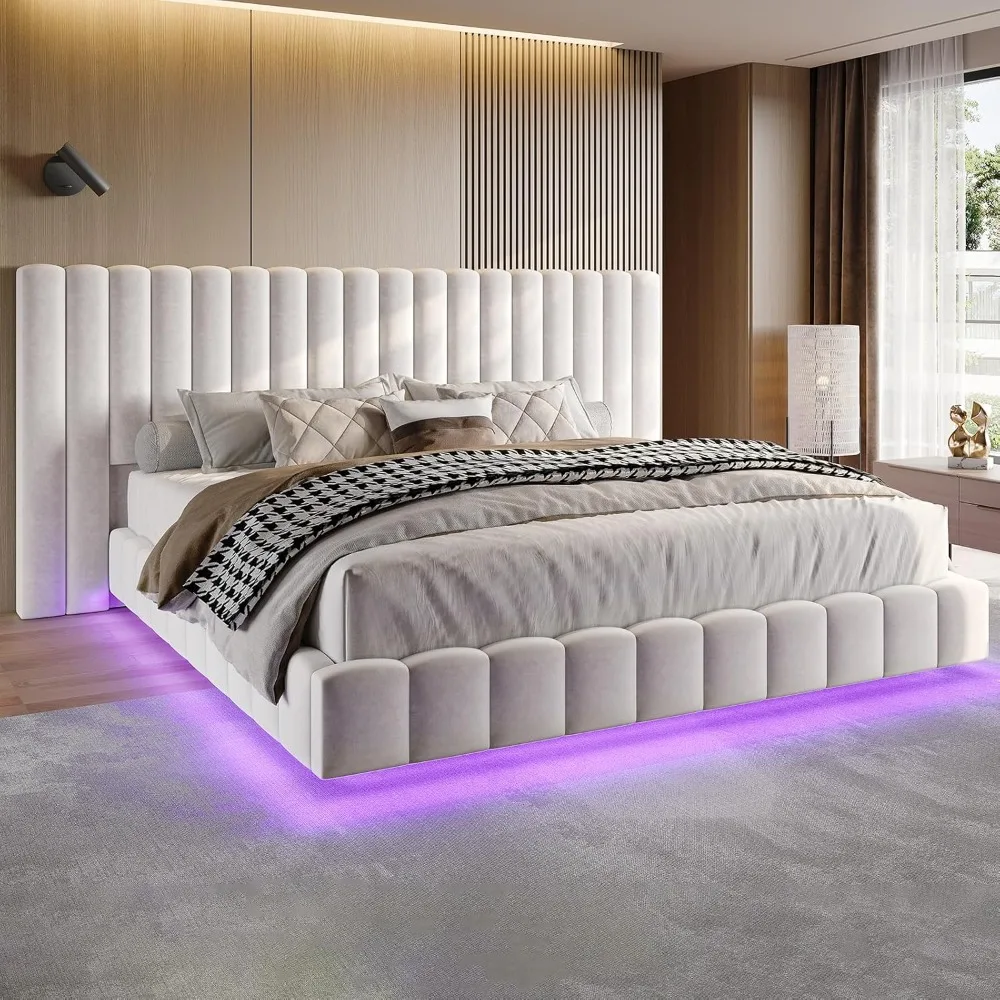 

Queen Bed Frame with LED Lights and An Oversized Upholstered Headboard; Modern Velvet Platform Bed Frame