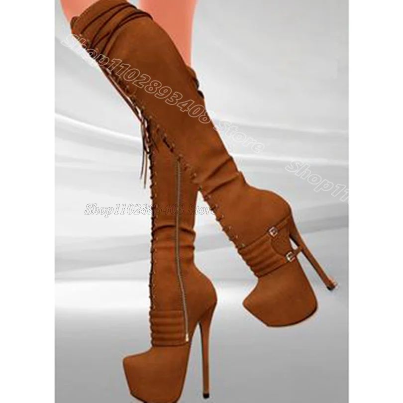 Crimson Platform Lace up Boots Round Toe Side Zipper British Style New Fashion Spring Women Knee Boots 2025 Zapatos Para Mujere