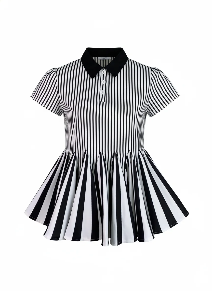 

Lemongor женские полосатые топы с воротником-поло и баской, новинка 2025 года, с коротким рукавом и высокой талией, расклешенный подол, городские повседневные вечерние блузки