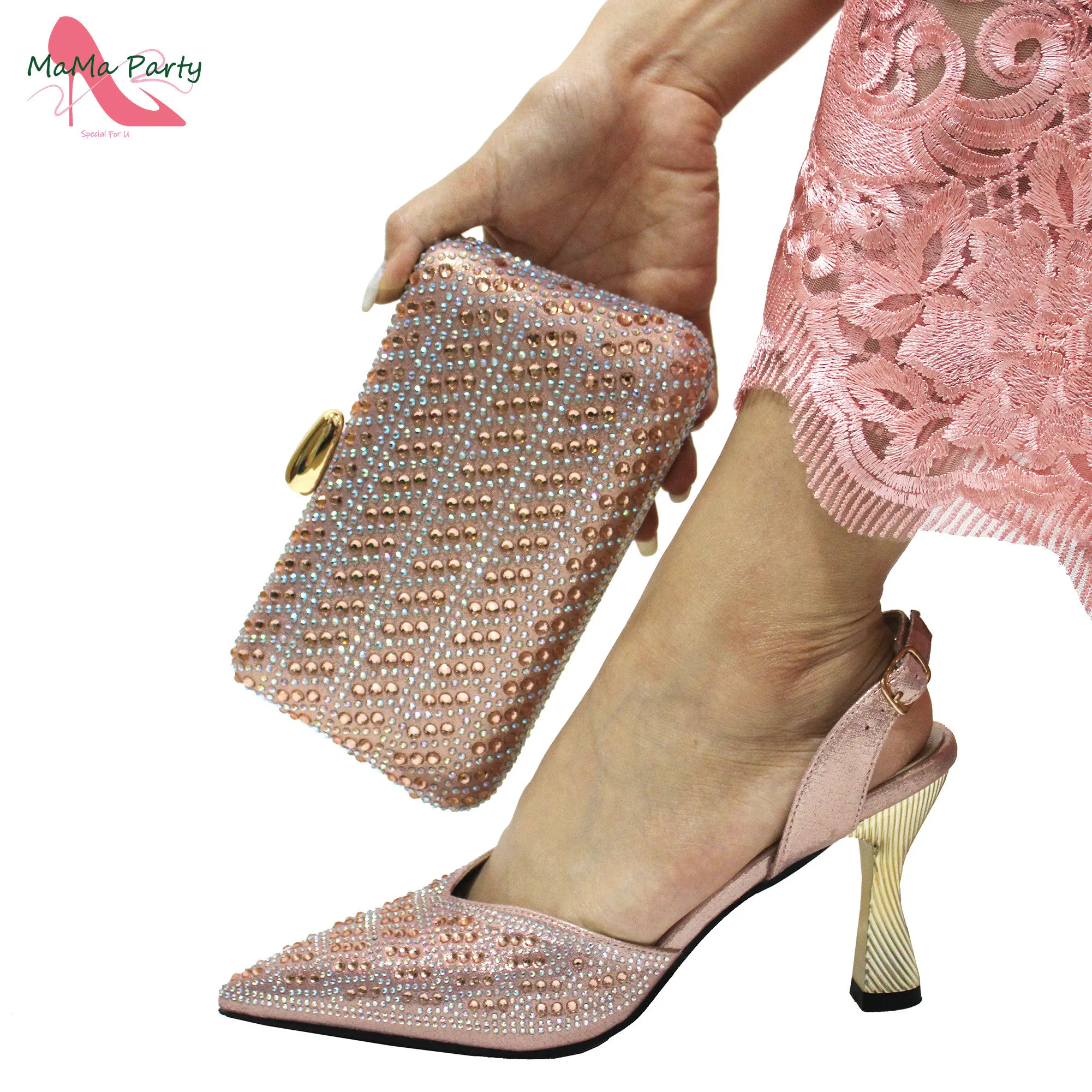 Conjunto de zapatos y Bolsa nigerianos para mujer, recién llegados, Color melocotón, decorados con tacones especiales de diamantes de imitación para fiesta de boda