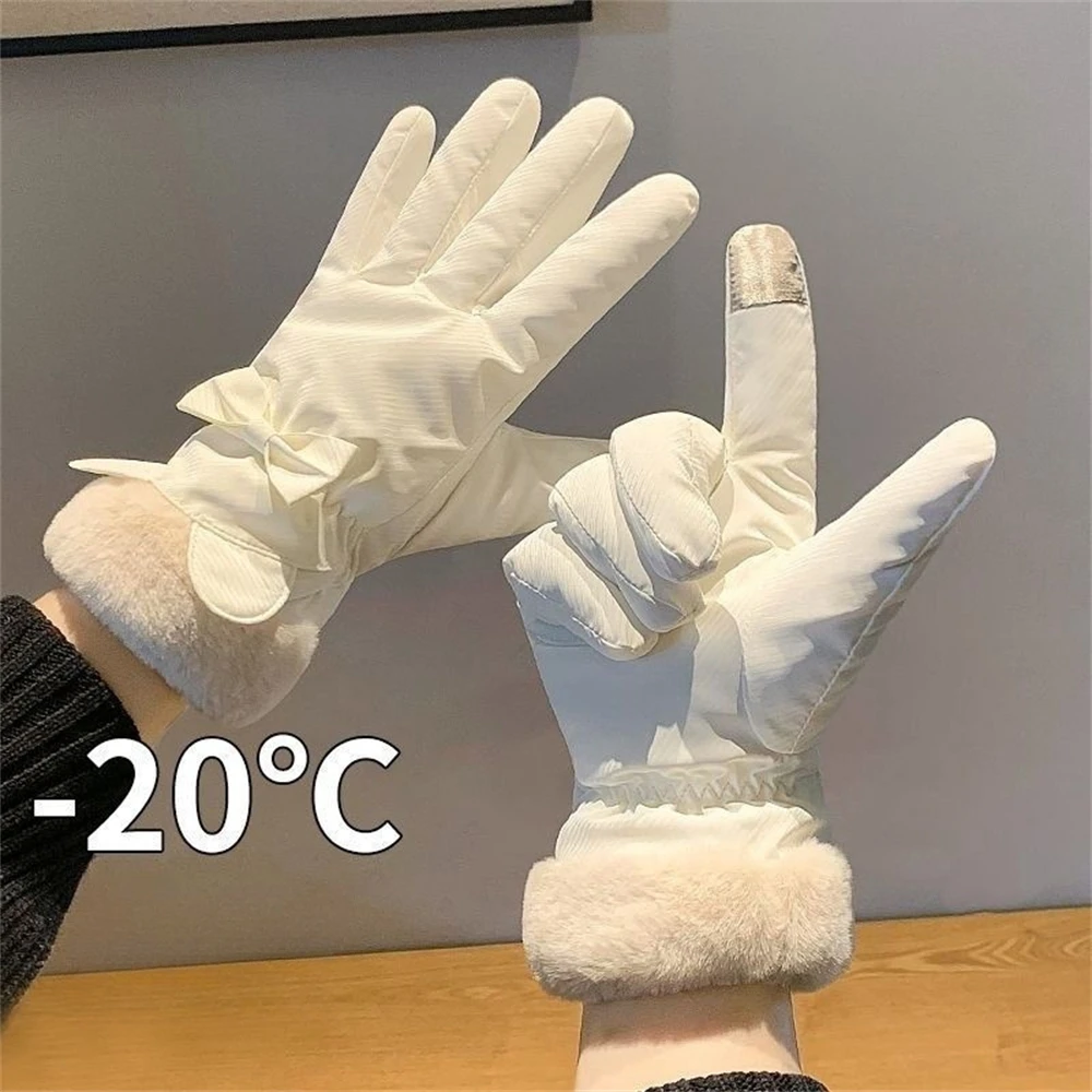 

Winter Waterproof Warm Outdoor Riding Gloves Women's Padded Thickened Touch Screen Gloves Cute Bow Round Ears Decorative Mitten