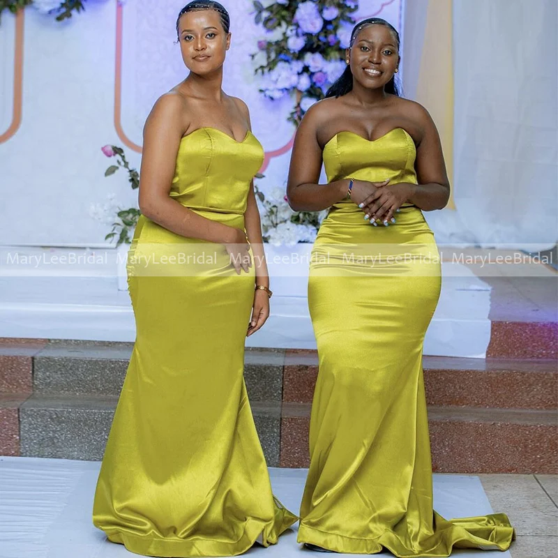 

Simplicity Lemon Yellow Bridesmaid Dresses for African Women Shiny Satin Sweetheart Mermaid Long Formal Wedding Guest Dress 2023