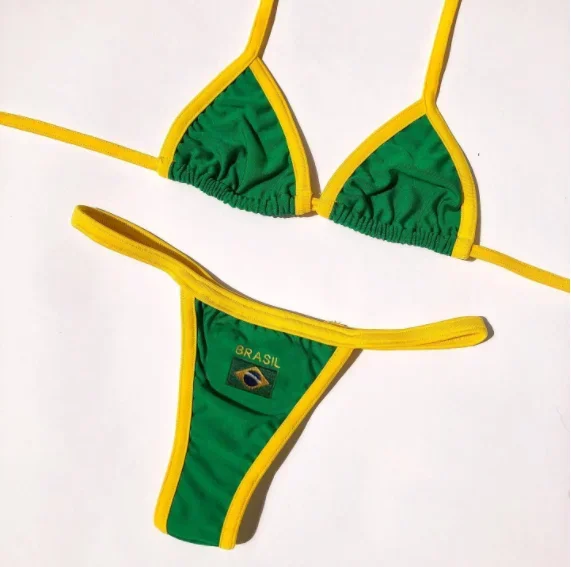 Sexy Embroidery Brasil Flag Contrast Split Bikini Set Women Swimwear Patchwork Swimsuit Hottie Outfit Summer Beachwear