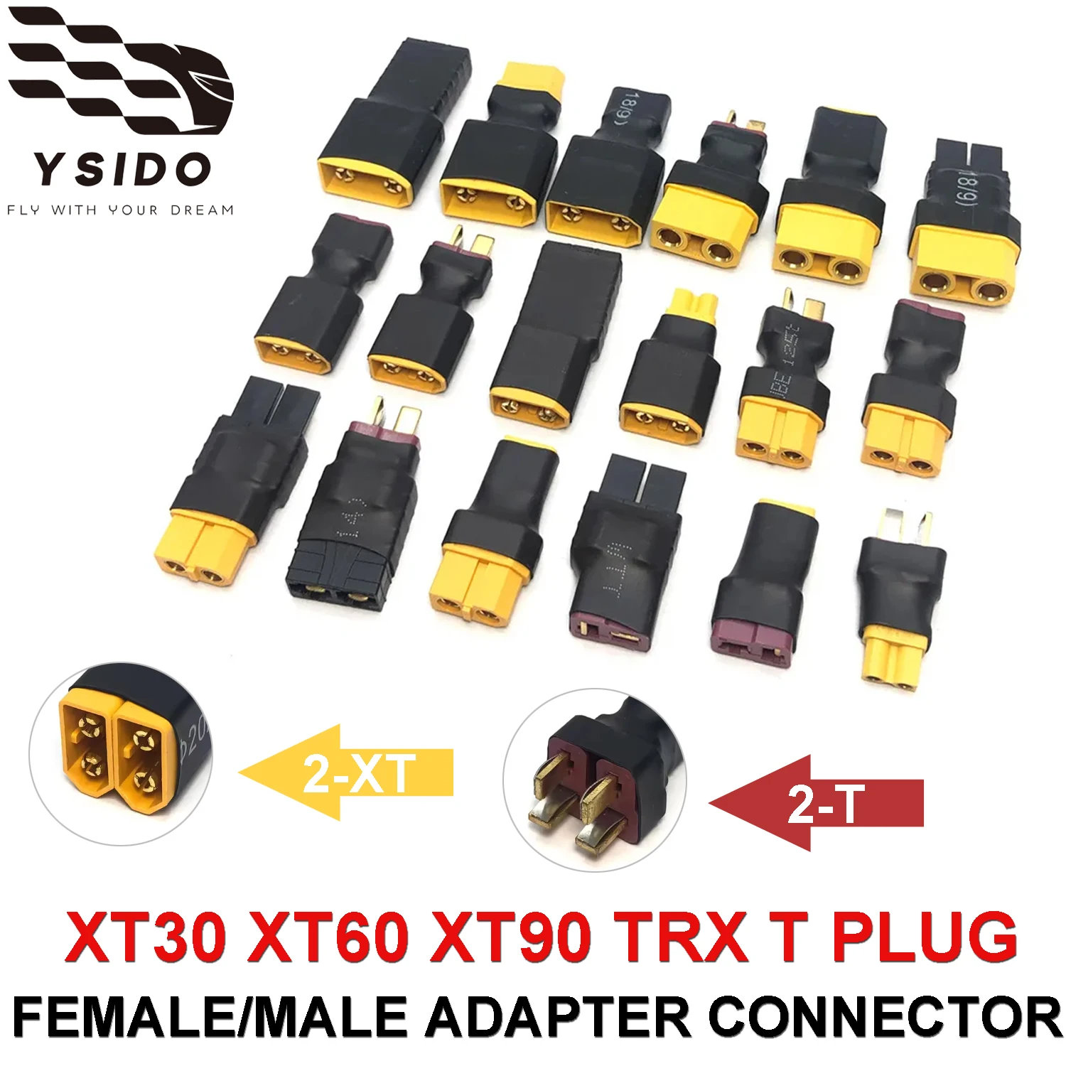 YSIDO XT30 XT60 XT90 TRX T-Stecker Weiblich/Männlich Adapter-Steckverbinder für RC-Modellauto Flugzeug Drohne RC-Boot Lipo-Akku DIY-Zubehör