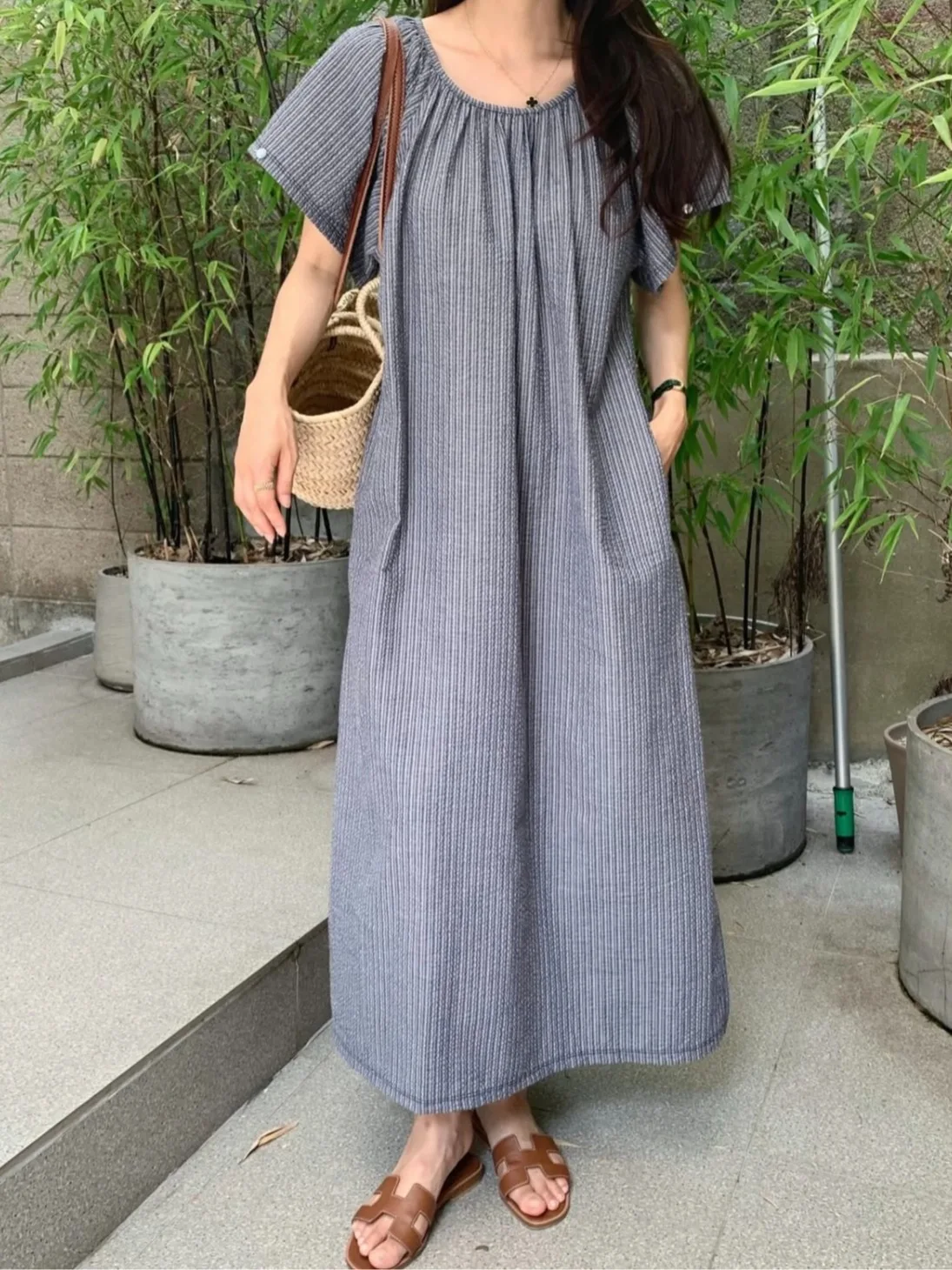 Retro Lazy Sle Pleated Stripe ort Sve Dr Women's Summer New Double ket Long Skirt Commute Polyester Fiber Dr