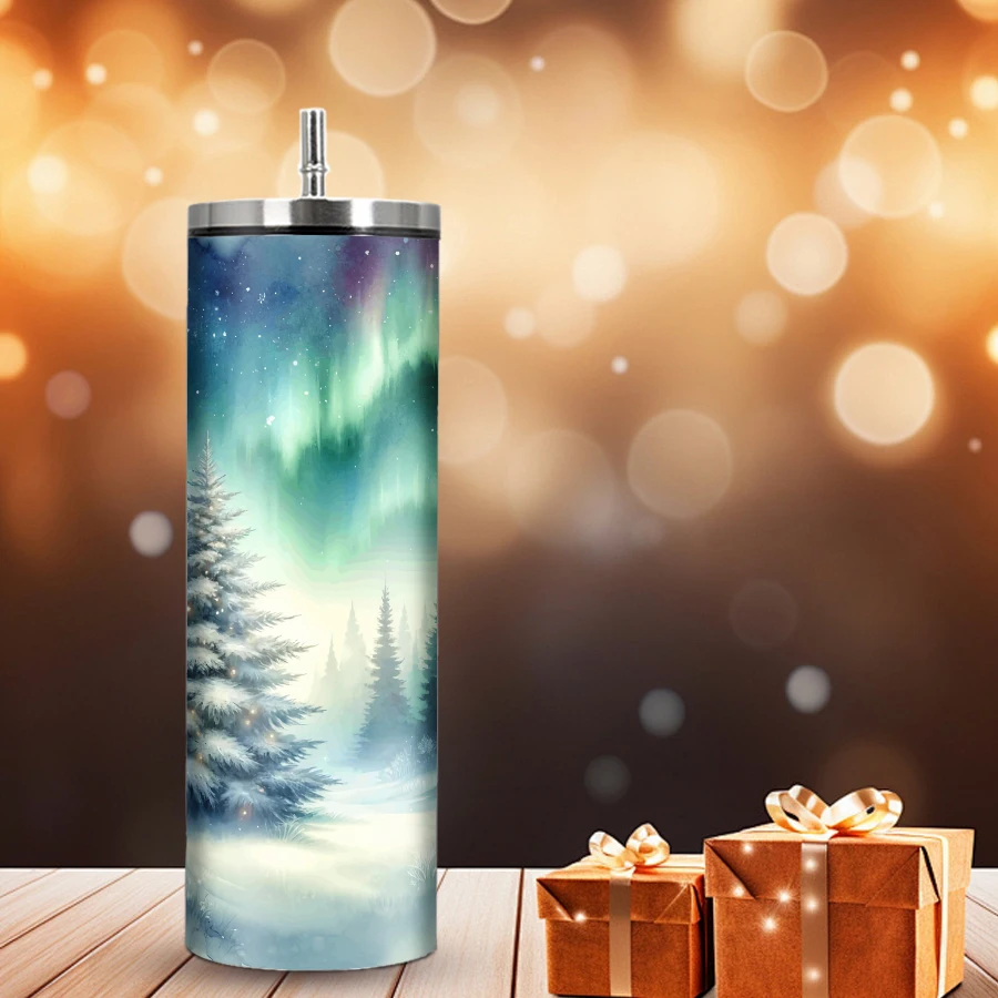 20oz 1pc Drink Mug Straw Lid Stainless Steel Insulated Coffee Bottle 3D Print Outdoor Aurora Pattern Christmas Birthdays Gift