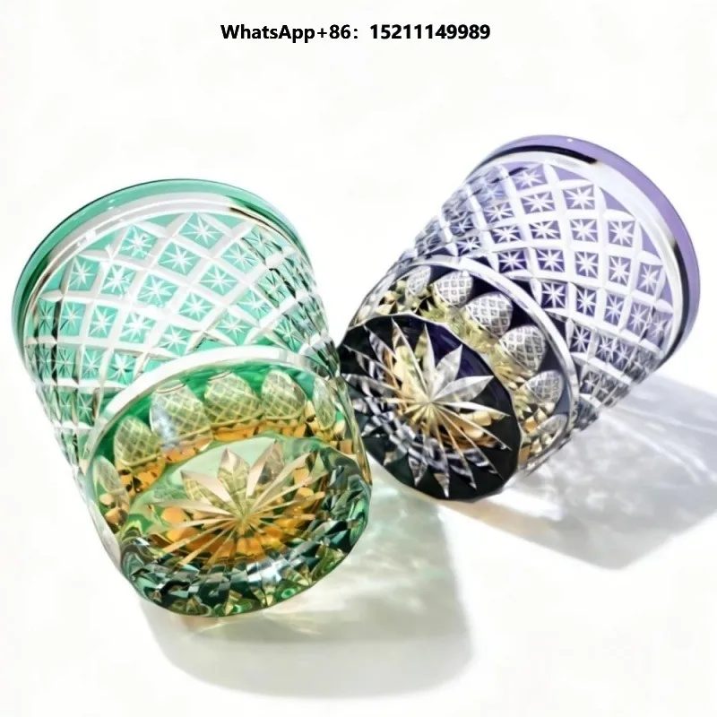 Hand Cut Old Fashioned Glasses Set of 2 Purple Green Edo
