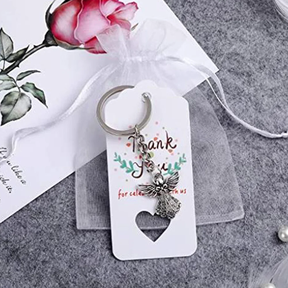 ABYA 30Pcs Silver Color Guardian Angel Key Ring Zinc Alloy Pendant Wedding Birthday Party Baby Shower Baptism Communion