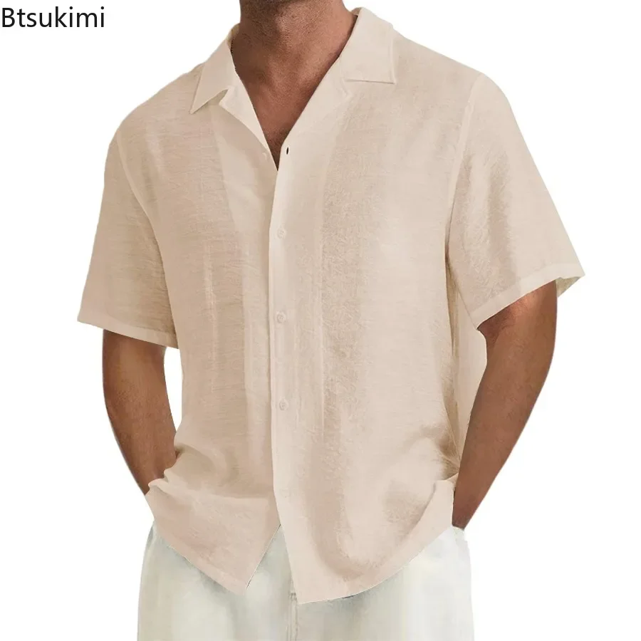 New 2026 Men's Solid Color Short-sleeved Shirts Summer Fashion Simple Cardigan Tops Soft Cotton All Match Lapel Shirts for Male