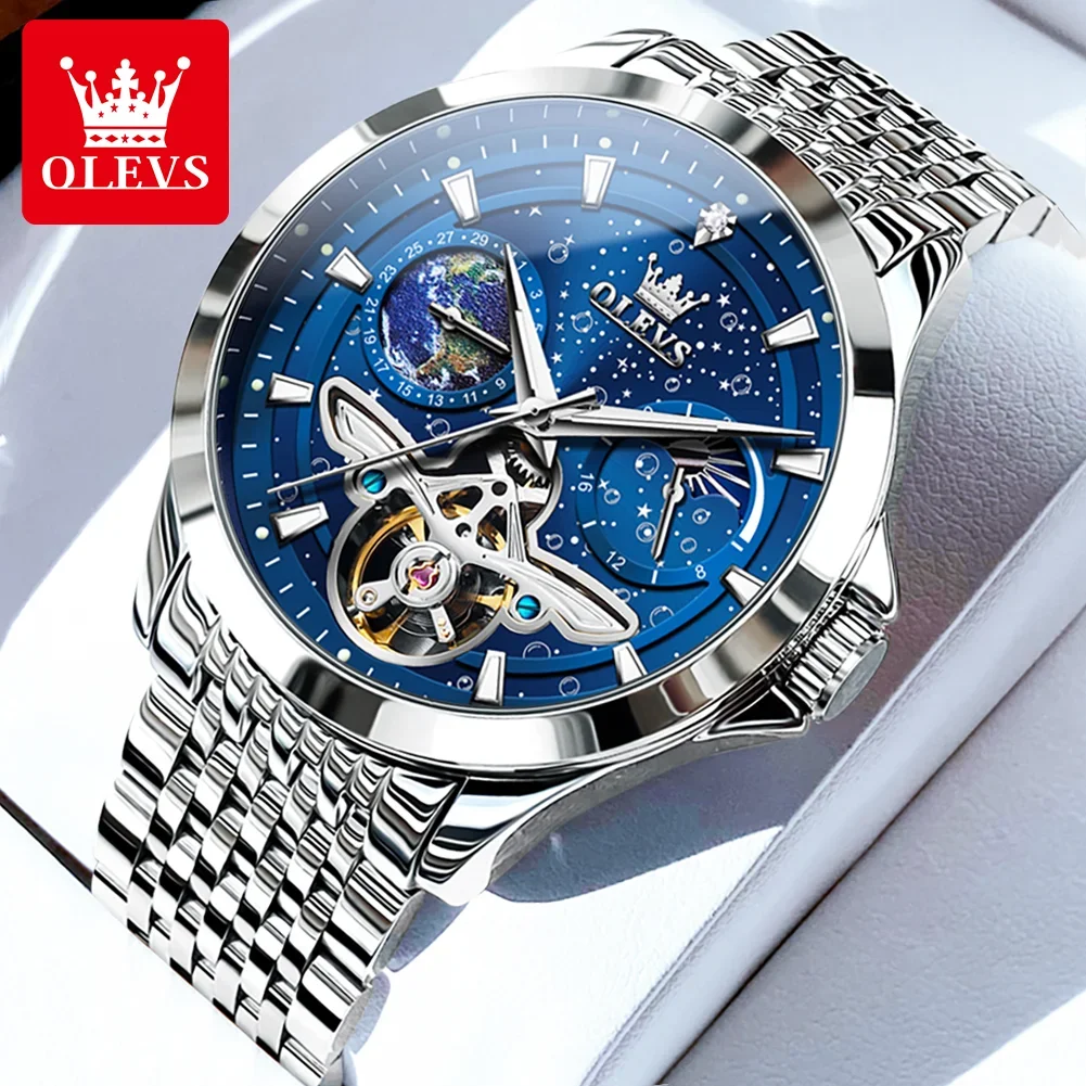 OLEVS Business Watch for Man Classic Original Automatic Mechanical Male Wrist Watches Hollow Flywheel Moon Phase Dial Waterproof