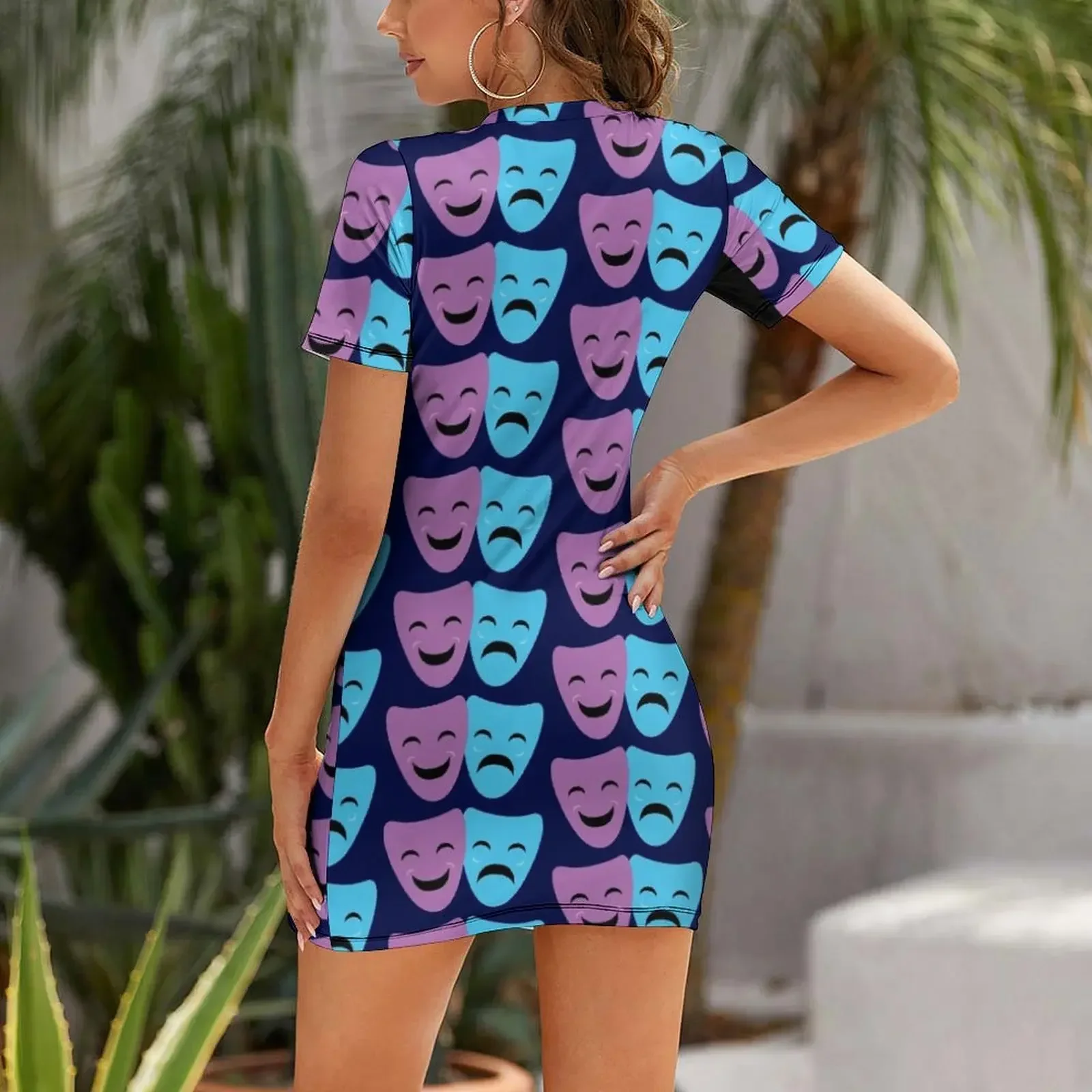 Blue and Purple Comedy and Tragedy Drama Masks Short-Sleeved Dress birthday dresses for women Aesthetic clothing view 2