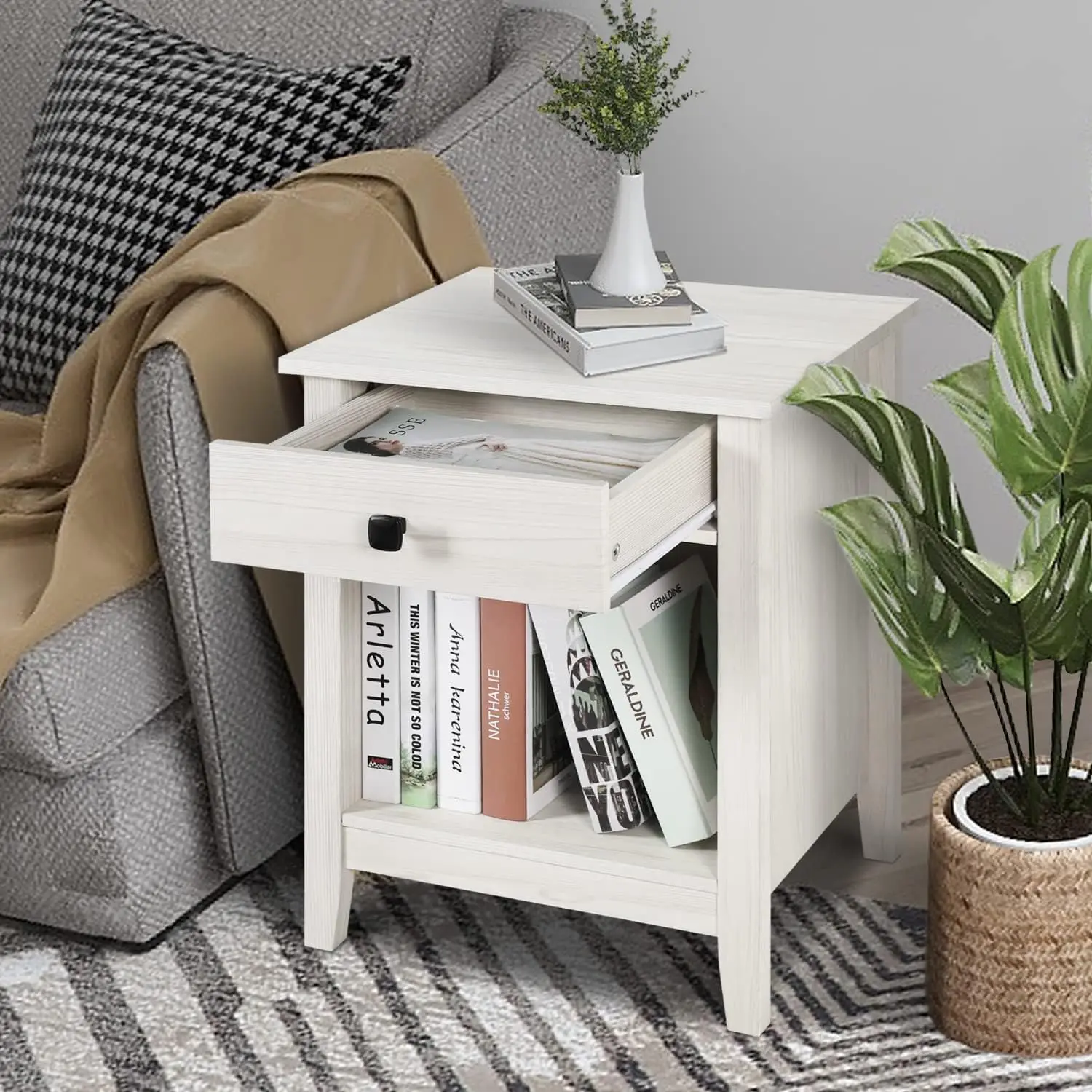 طقم منضدة نوم بيضاء مكونة من قطعتين مع أدراج، وطاولة بجانب السرير طويلة للمنزل الحديث، ومجموعة منضدة بدرج واحد #6