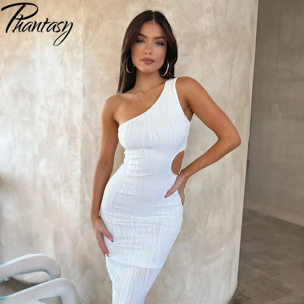 ファンタジーイレギュラーセクシーカットアウトドレスソリッドカラースリムワンショルダードレスパッケージヒップドレストレンディレディパーティードレス2025