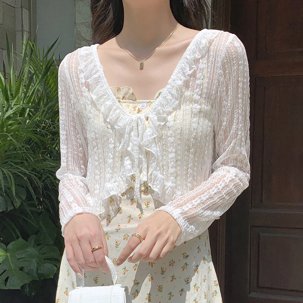 Vintage White Tie Up Summer Cardigan Women Sexy Long Sleeve Sheer Mesh Crop Tops Woman Chic Short Printed Tops All Match Mujer