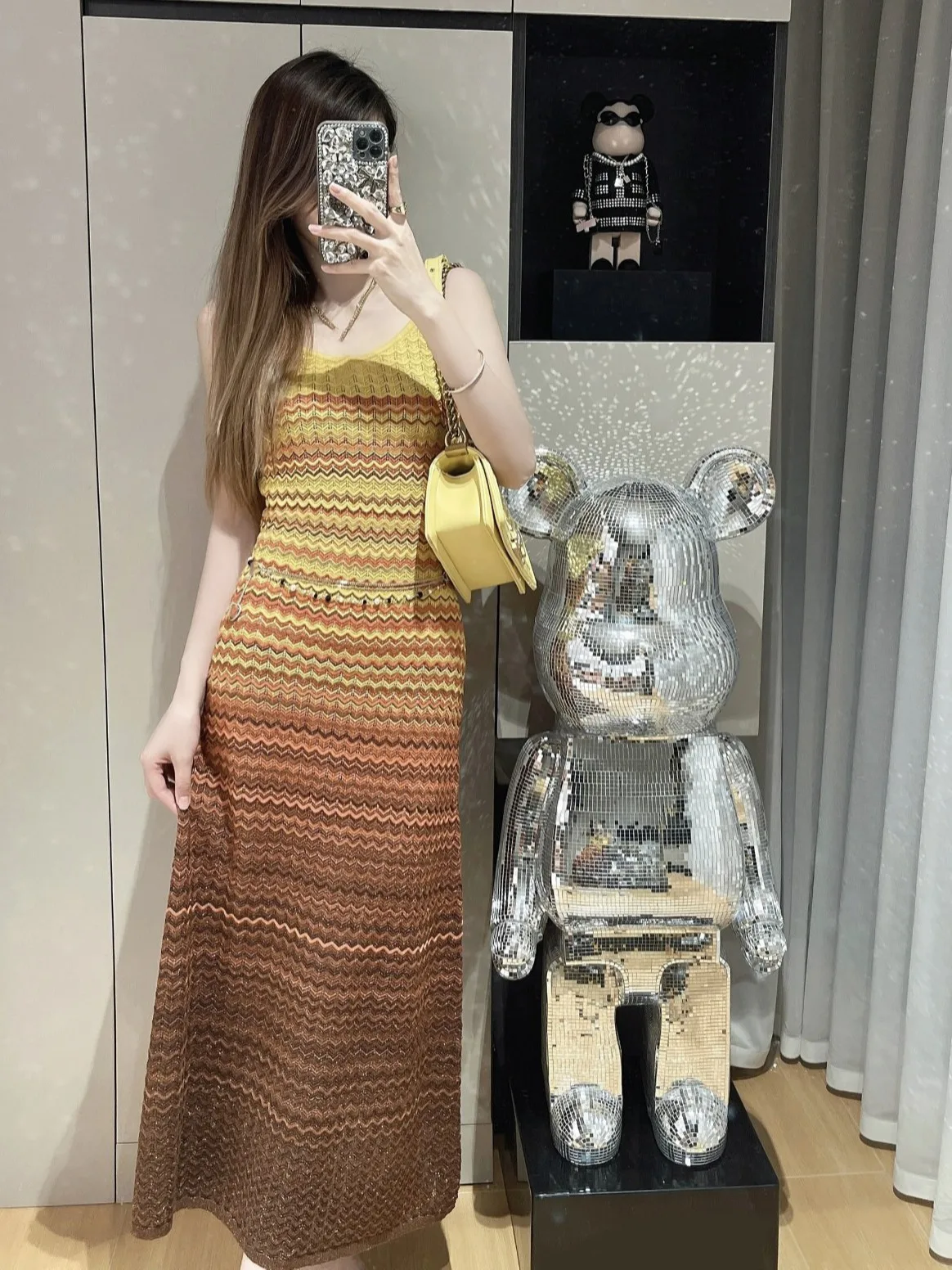 

2024 Knitted Summer New Contrasting Gradient Stripe Sleeveless Dress Women's Sexy Backless Hollow Out Loose Long Dress F468