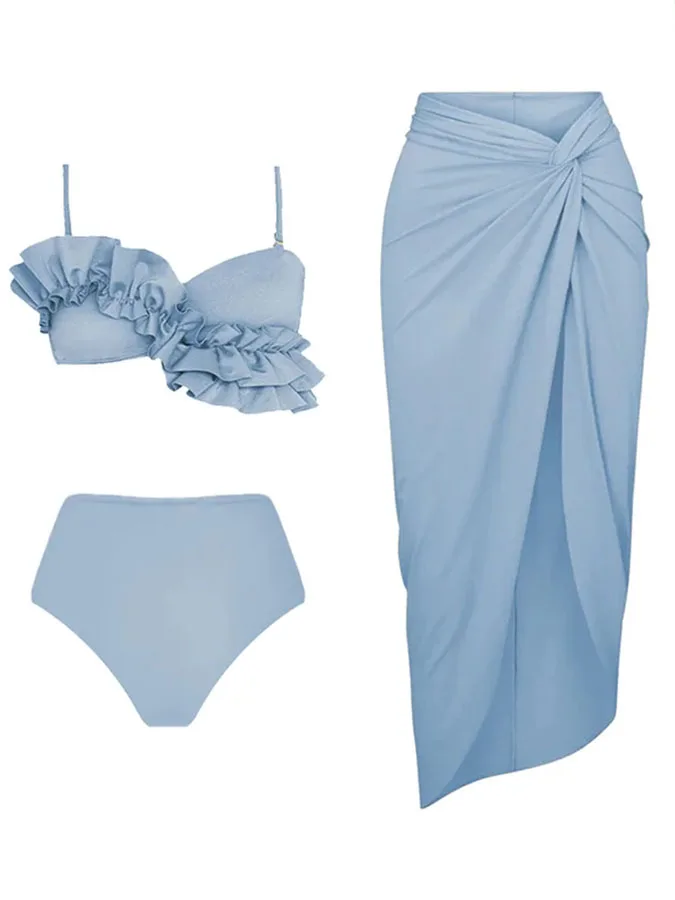 

Solid Color Blue Women's Split Swimsuit And Covered High Waist Ruffles Irregular Total Bikini Simple Fashion Sweet Resort Dress
