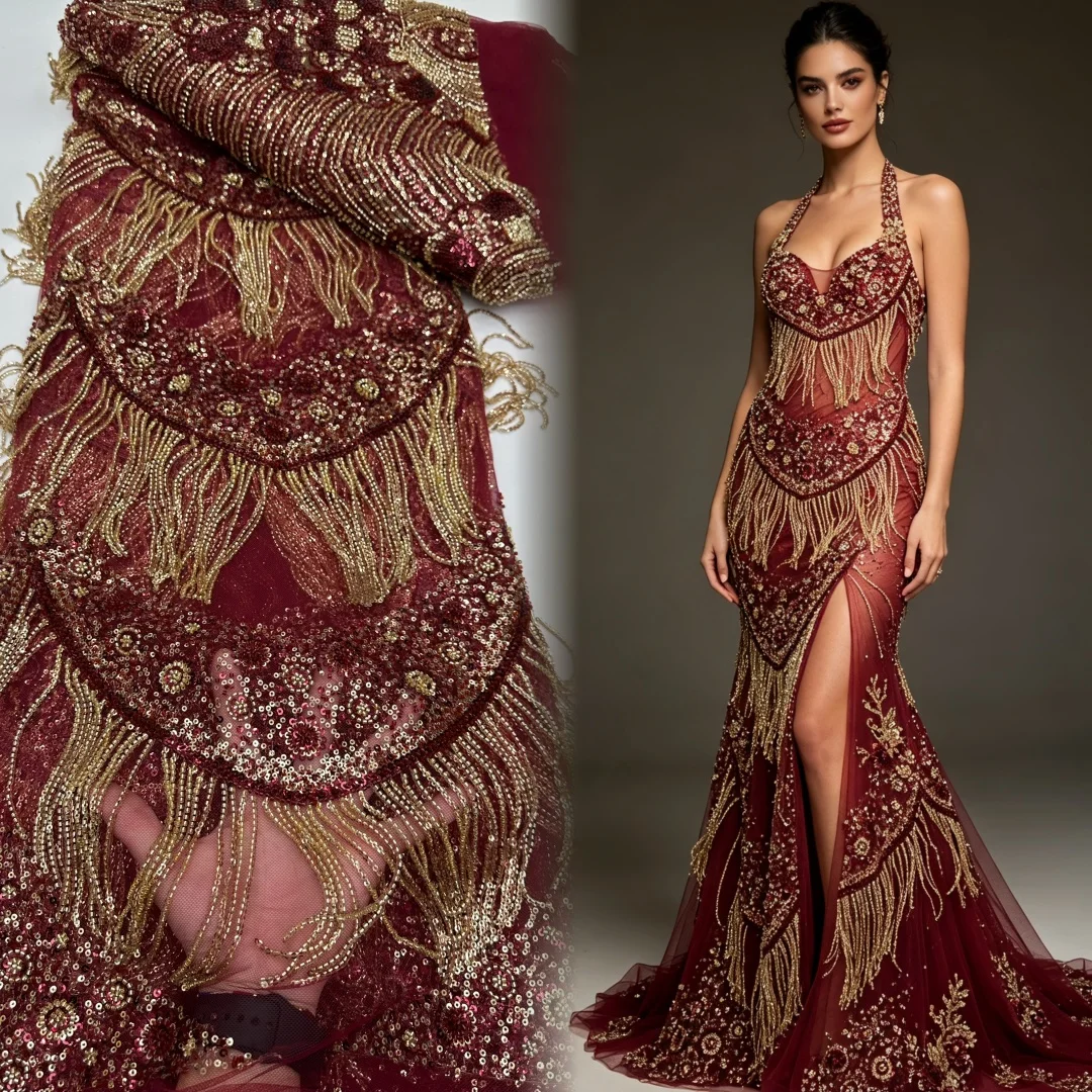 High-End African Nigerian 3D Beaded Lace Fabric Gold High-End French Sequins Mesh Fabric For Women Wedding Party Dress AT2894