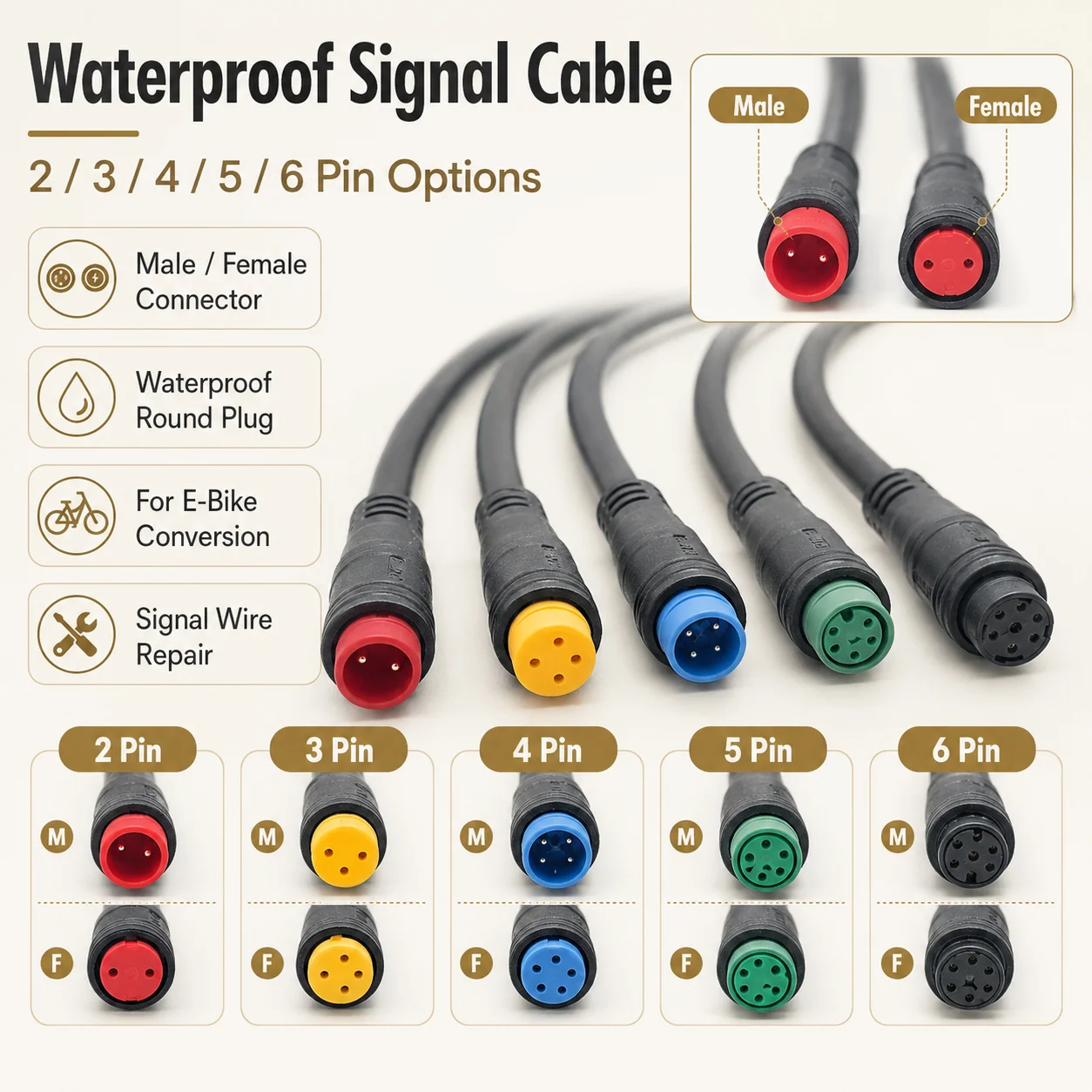AliExpress NONE E-Bike Waterproof Signal Cable 2/3/4/5/6 Pin Male Female Connector Wire for Electric Bicycle Scooter Conversion Repair Parts