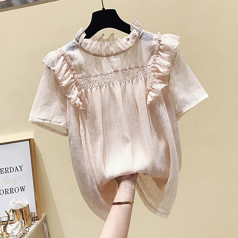 

Chiffon Ruffle Women Blouse Summer New Design 2024 Sweet Style Elegant Office Lady Pulls Outwear Tops