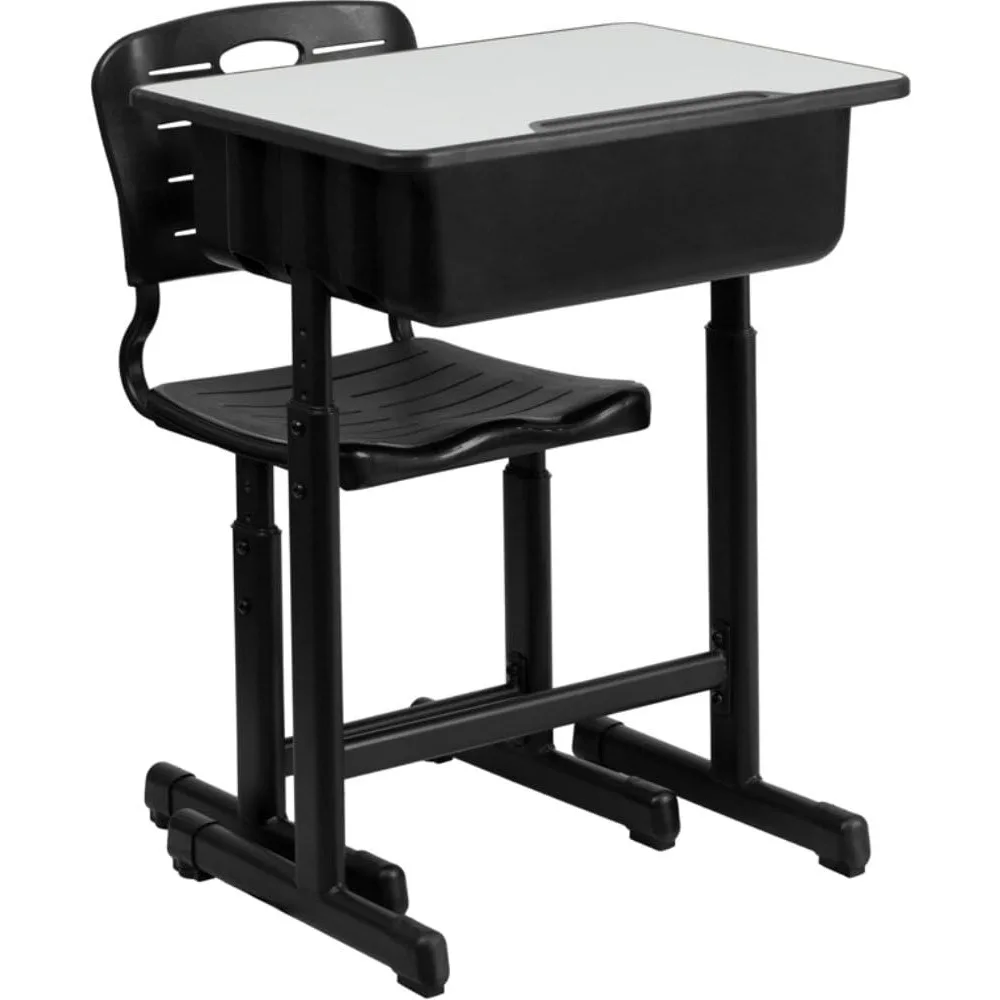 Juego de escritorio y silla para estudiantes de altura ajustable para aulas o aprendizaje remoto, escritorio escolar con silla y caja de libros, gris/negro