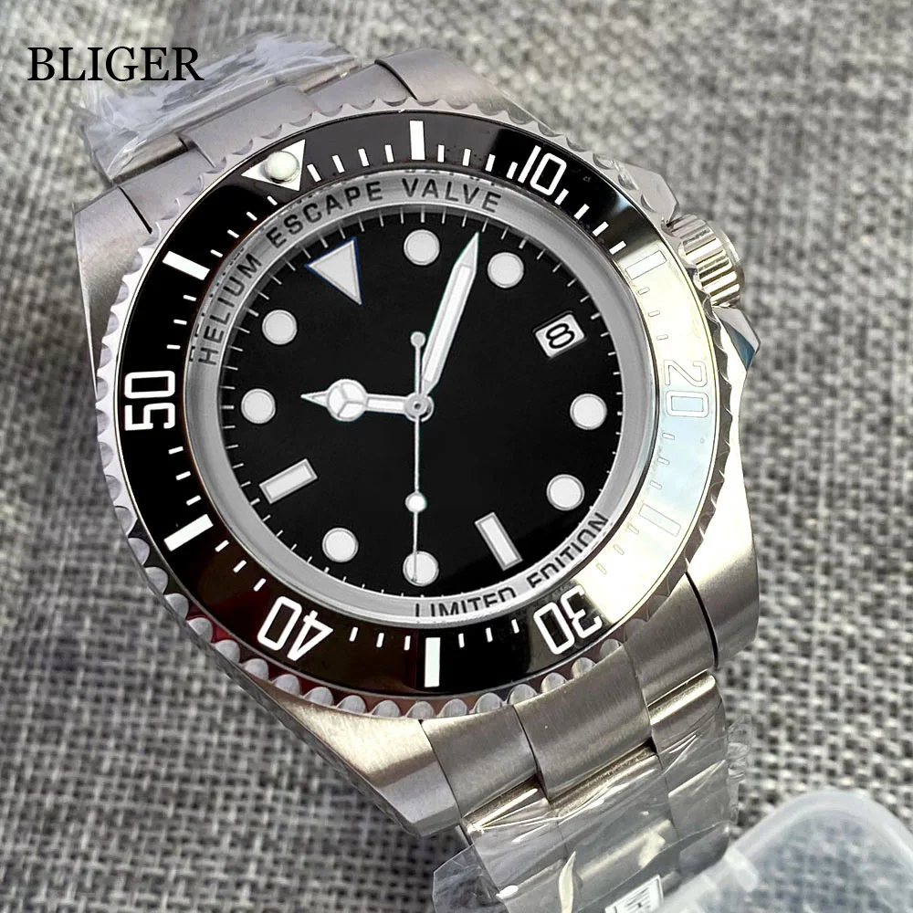 BLIGER Brand 43mm Sapphire Glass Japan NH35A MIYOTA 8215 PT5000 Automatic Watch For Men Brushed Steel Bracelet Black Dial