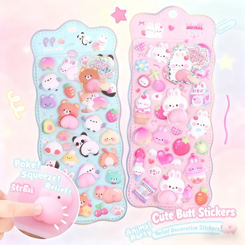 3D Soft Cute Rabbit Butt Peach Pinch Stickers Kawaii Animal Stickers - Phone Case Scrapbook DIY Stickers Party Decorative Gifts