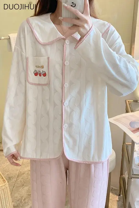 DUOJIHUI Autumn Two Piece Sweet Loose Female Pajamas Set Chic Button Cardigan Simple Pant Fashion Casual Home Pajamas for Women