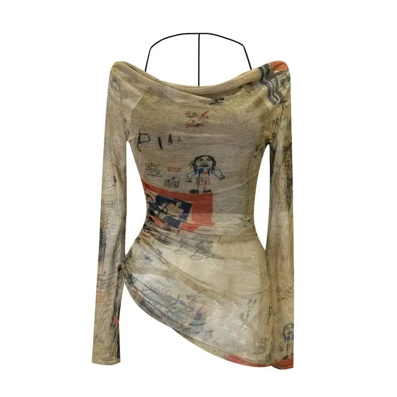 American Style Vintage Spring Women Graffiti One Shoulder Mesh Yarn Tops Long Sleeved Asymmetrical Drawstring Printing T-shirt