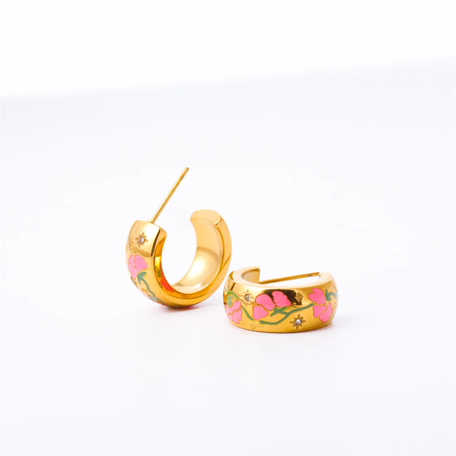 YEEVAA C-shape Painted Flower Floral Rose Hoop Geometric Earrings for Women Girls Fashion Jewelry