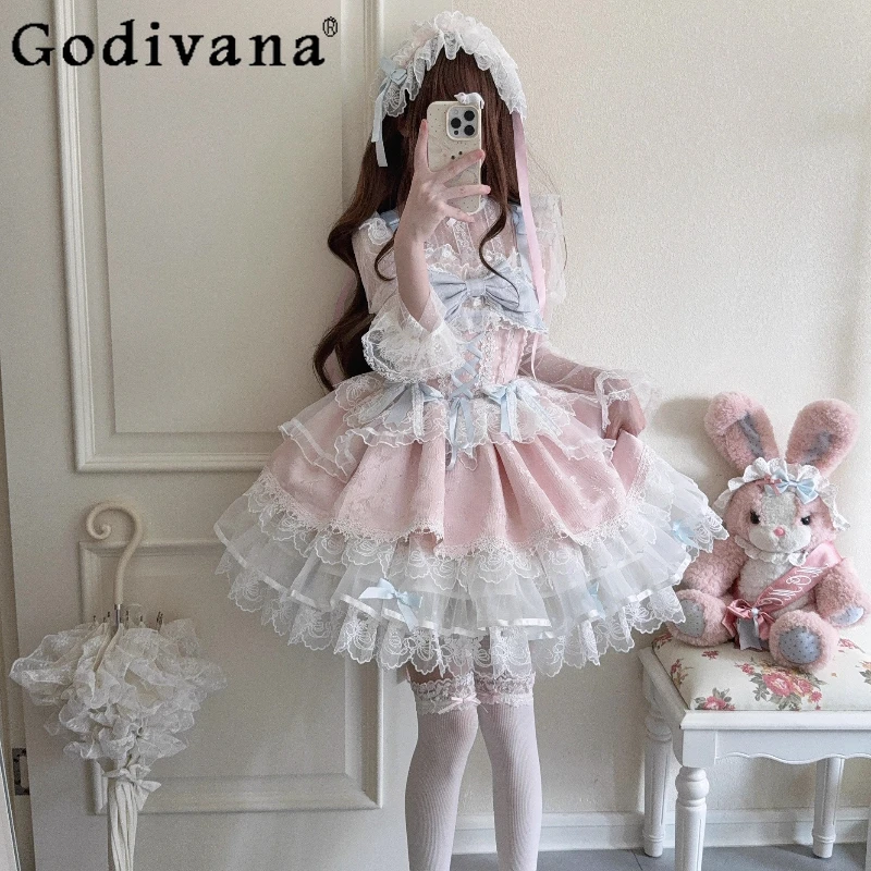 

Original Lolita Style Pink Sling Dress JSK Summer New Japanese Girls Women's Sweet Elegant Princess Dress Cute Bow Lace Lo Dress