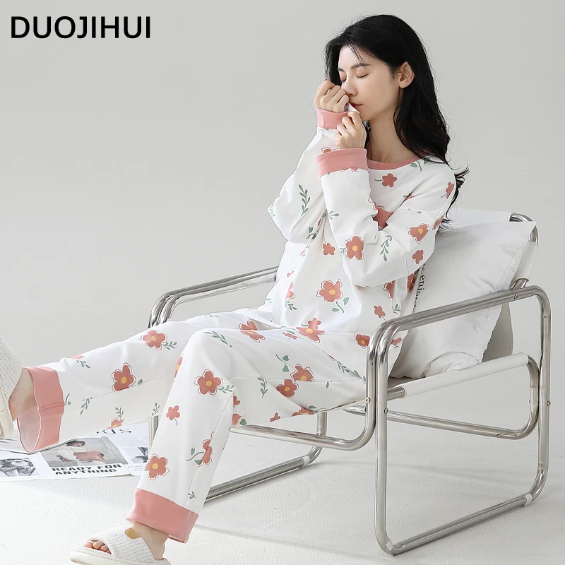 Duojihui Herbst Mode Tasche Pyjama für Frauen klassische O-Ausschnitt Pullover Basic lose Hose einfachen Druck lässig weibliche Pyjamas Set