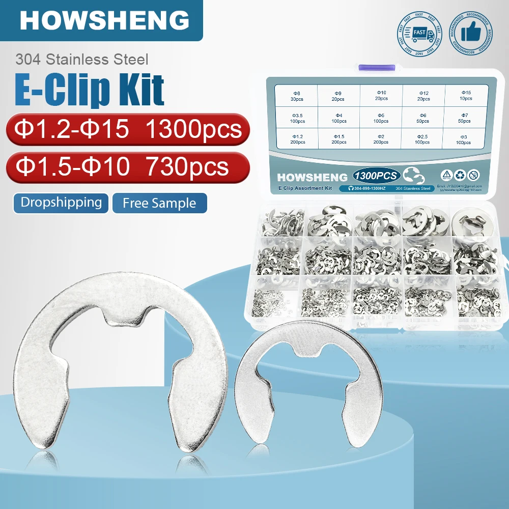 HOWSHENG 730/1300pcs E-Clip Washer Assortment Kit Snap Ring 1.2-15mm Stainless Steel E Type Clips Retaining Circlip Set