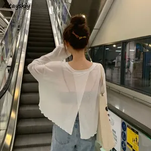 Long Sleeve T-shirts Women Sexy Slit Summer New Sun-proof Korean Style Design Sweet Girls Simple Cozy Breathable Baggy All-match