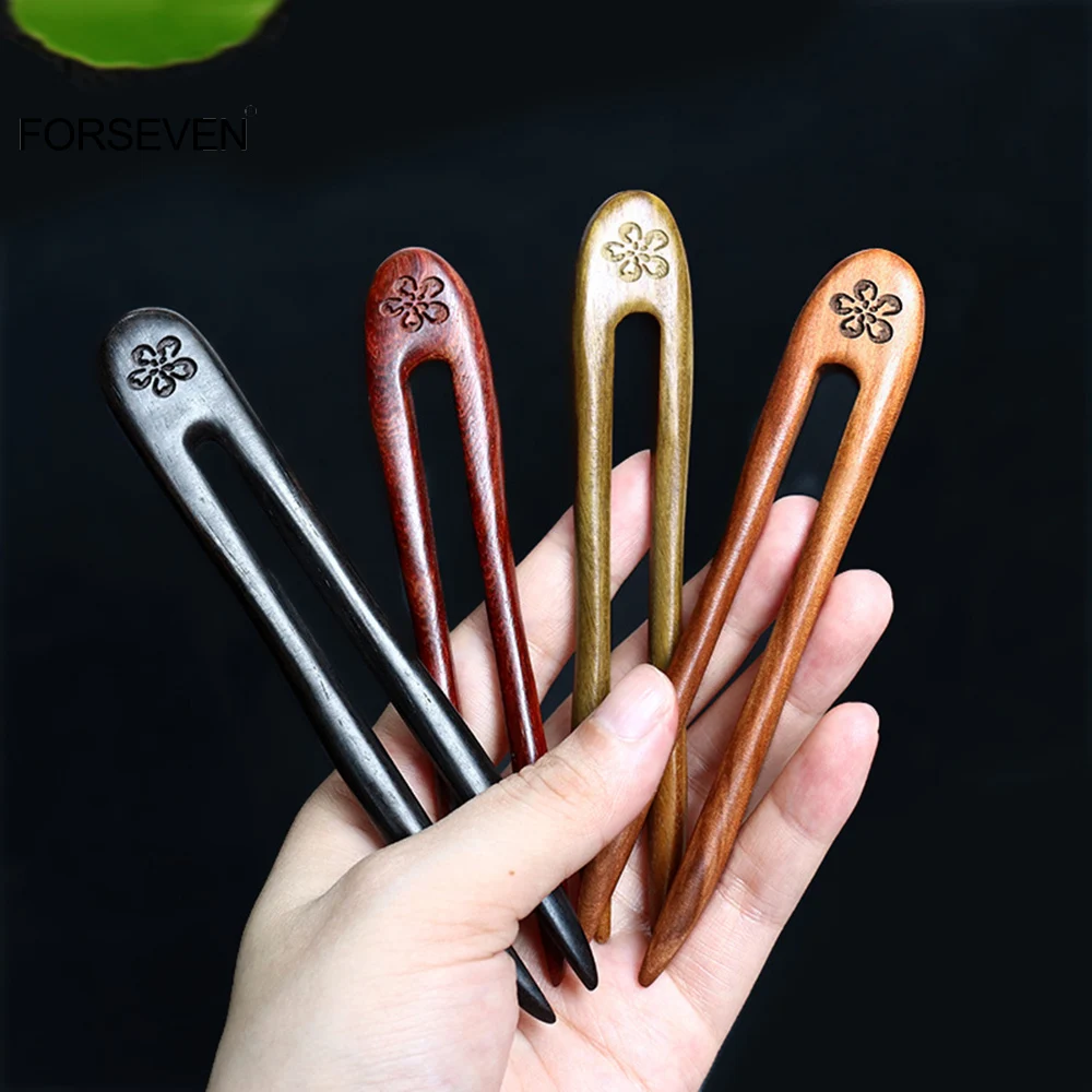 Chinese Wooden Hair Stick Forks U Shaped Hairpins and Clips Retro Fashion Hair Bun Maker Women Girls Hair Styling Headpieces