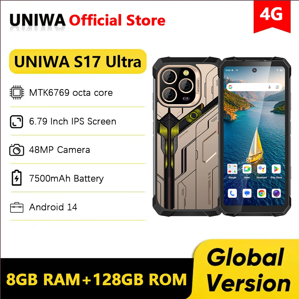 UNIWA S17 울트라 4G 러기드 스마트폰 안드로이드 14 6.7인치 6GB+128GB 파괴 불가능한 휴대폰 ATEX 7500mAh 33W 야간 시야 NFC