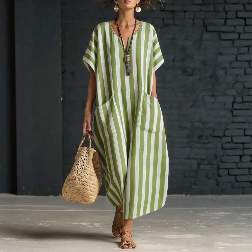 

2026 Women Casual Dresses Vestido Dress For Lady All-match Homewear Loose V-link Striped Contrast Holiday Vacation Short Sleeves