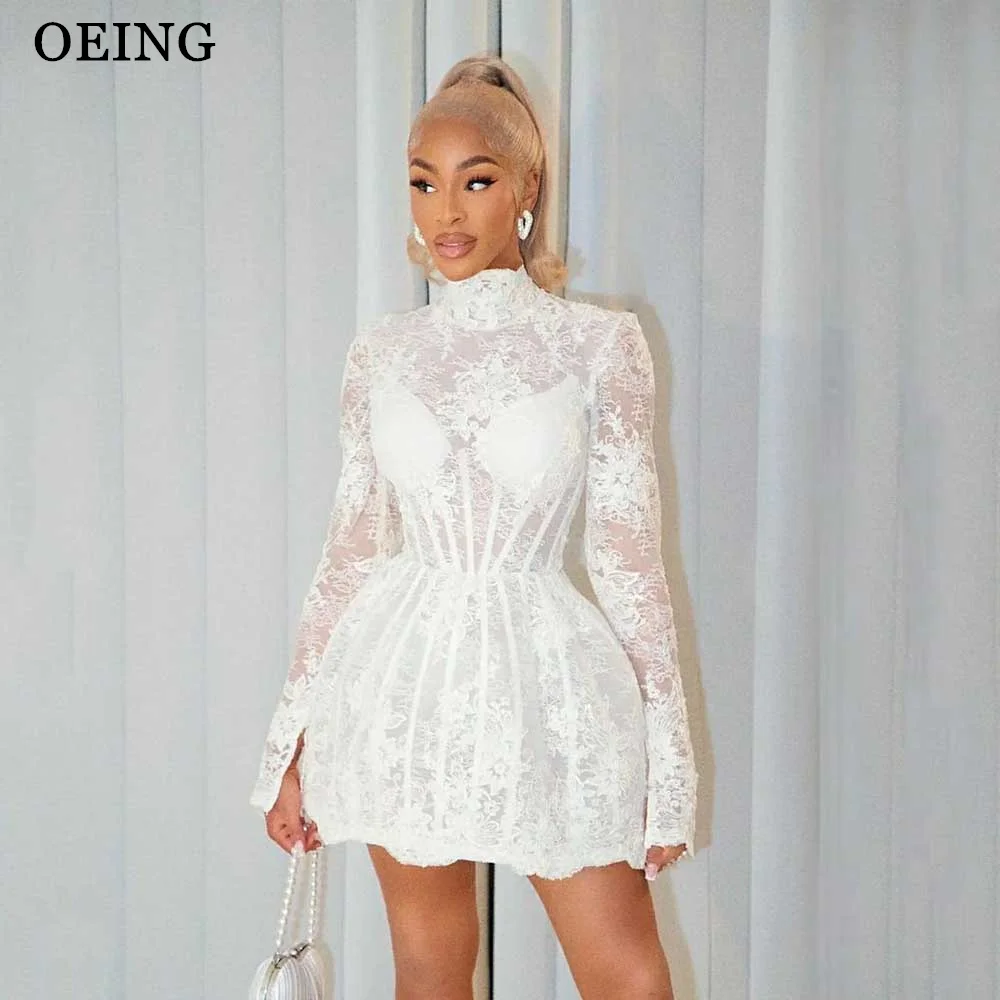 OEING White Short Full Lace Wedding Dresses Sexy High Neck Long Sleeves Mini Bridal Gowns Arabic Women Prom Party Dress Gala